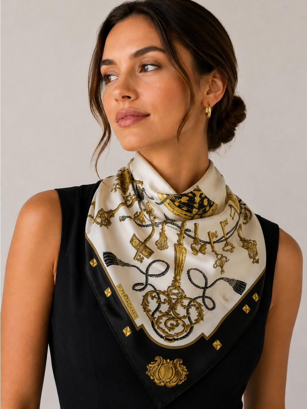 Hermes Silk Scarf in Black, Cream & Gold Key Motif - Picture 2 of 3